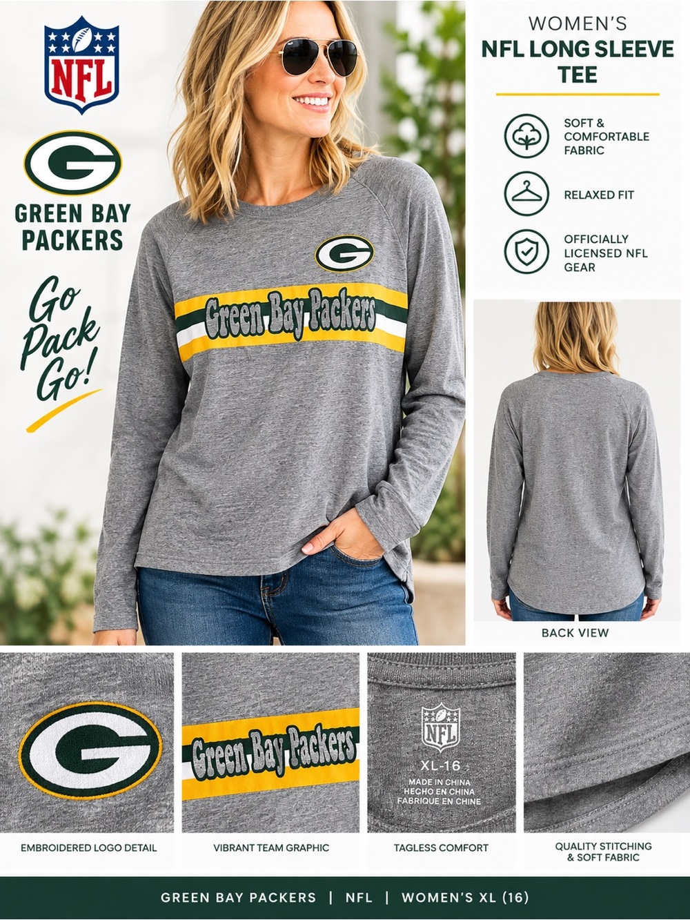 NFL Green Bay Packers Gray Long-Sleeve Sweatshirt with Yellow Stripes Women’s XL